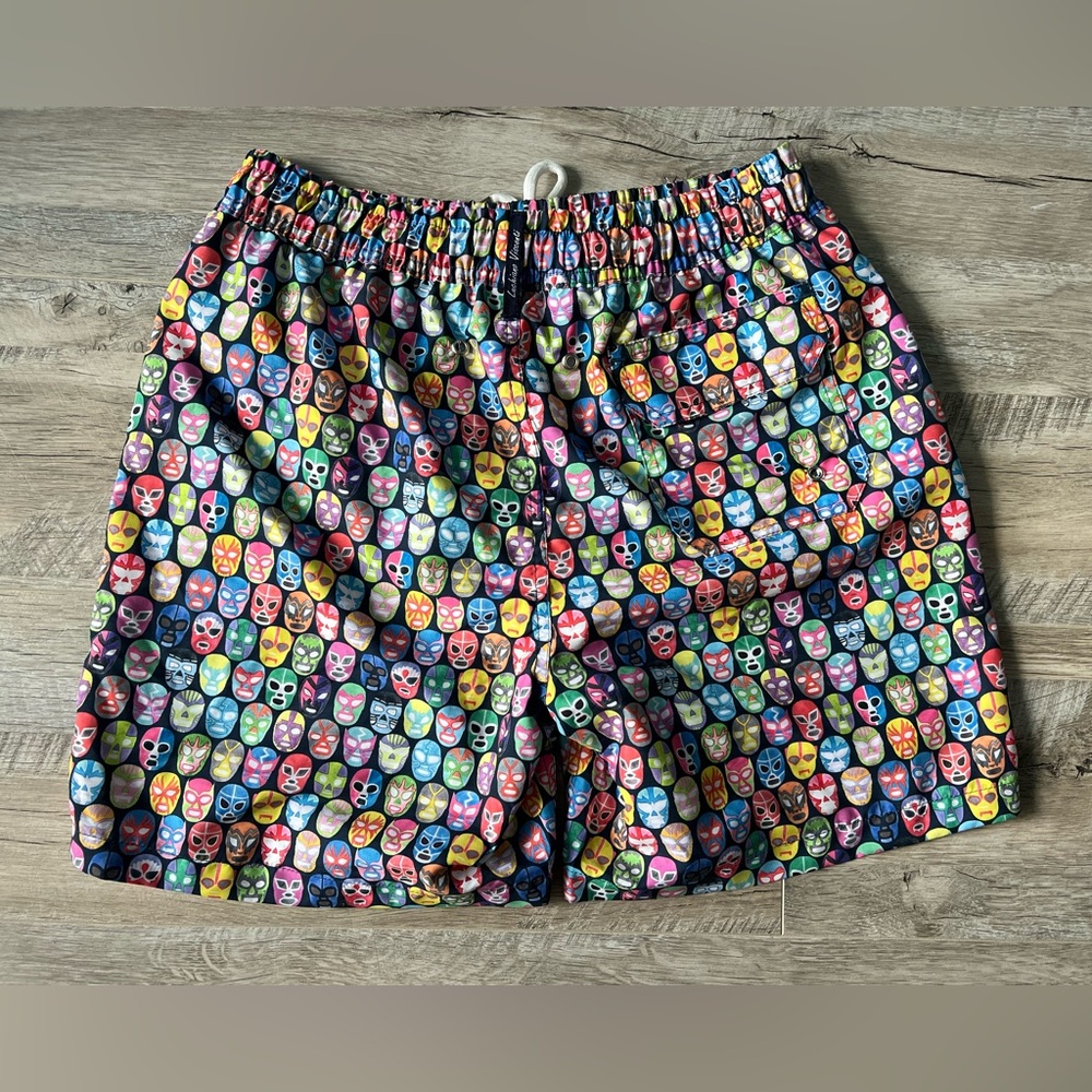 LUCHIANO VISCONTI Swim Trunks Sz Med Black with Multicolor Wrestler Masks - Picture 2 of 8